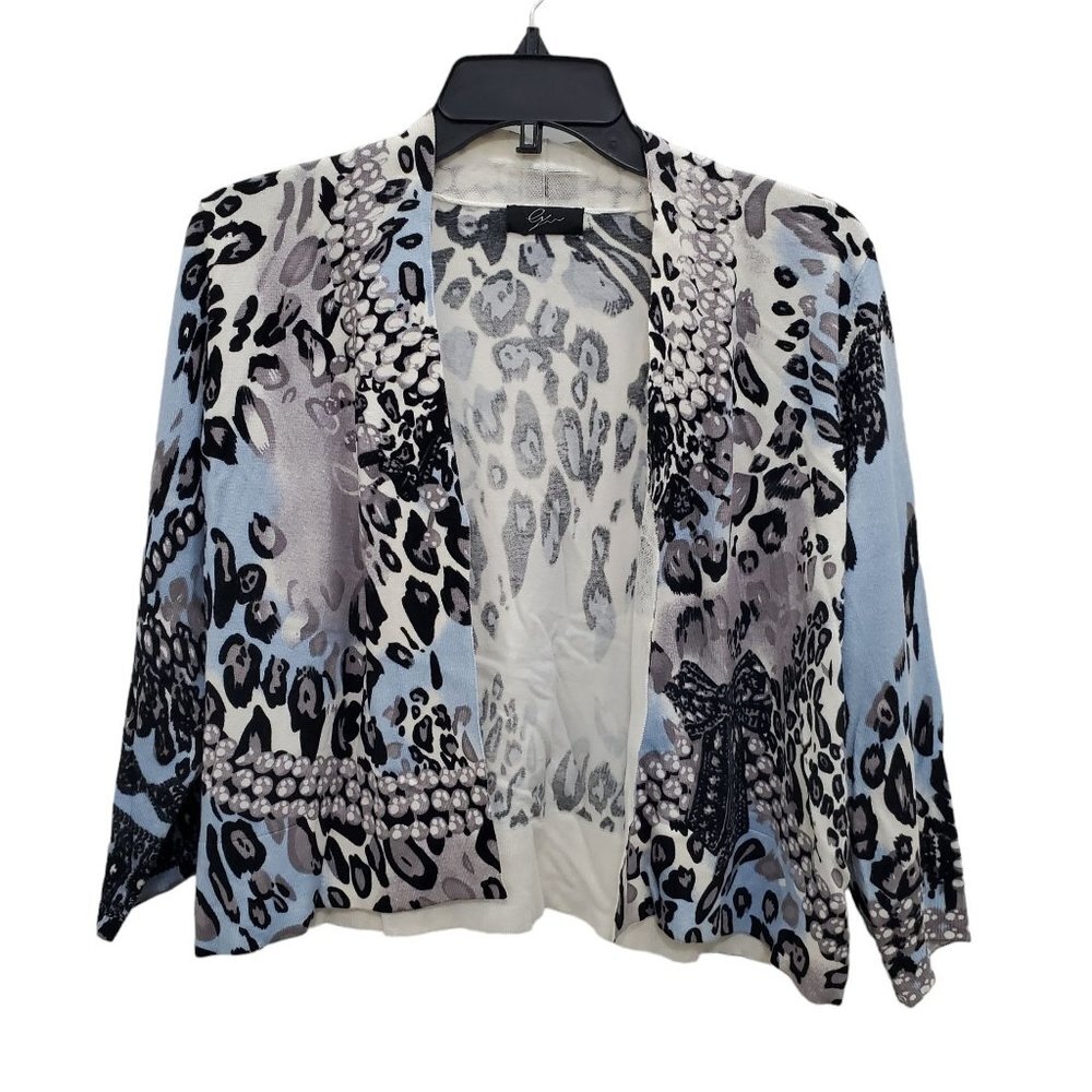 Cyrus Women's Light Blue, Black & White Animal Print Open Cardigan